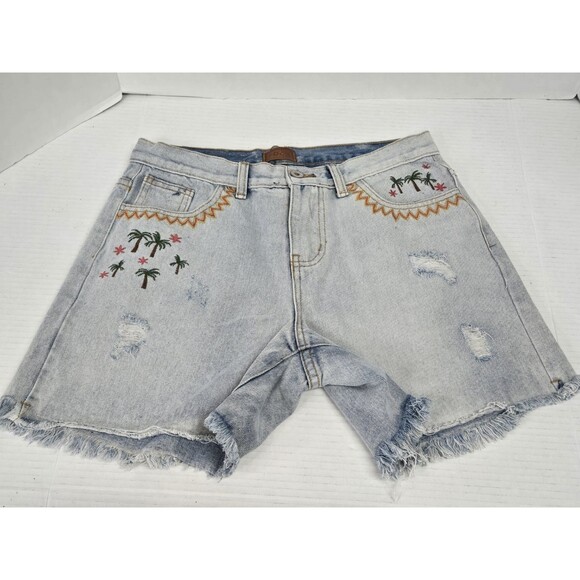 Pol M Embroidered Distressed Jean Shorts Size Small(30) Palm Tree - Picture 1 of 8